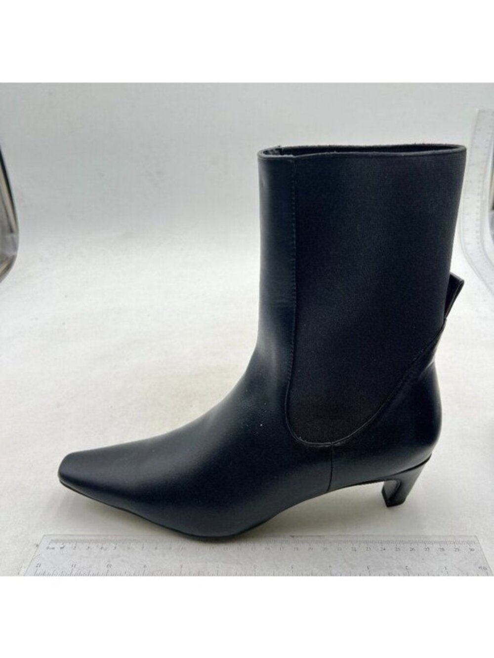 Black Women Kitten Heels Square Toe Ankle Boots Pull On Mid Calf Short Bootie